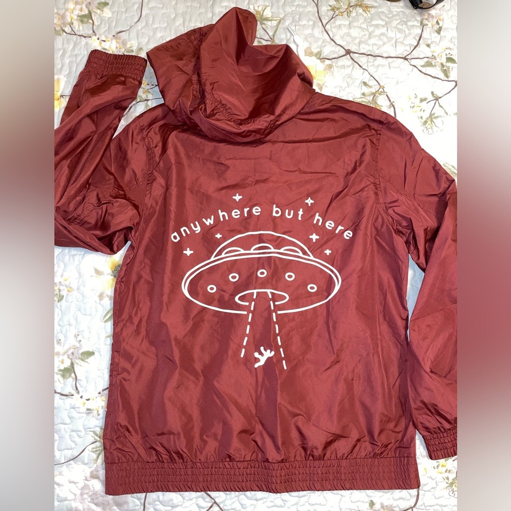 Alien UFO “Anywhere But Here” / “Far Out” Patch Burgundy Windbreaker Hoodie 🛸